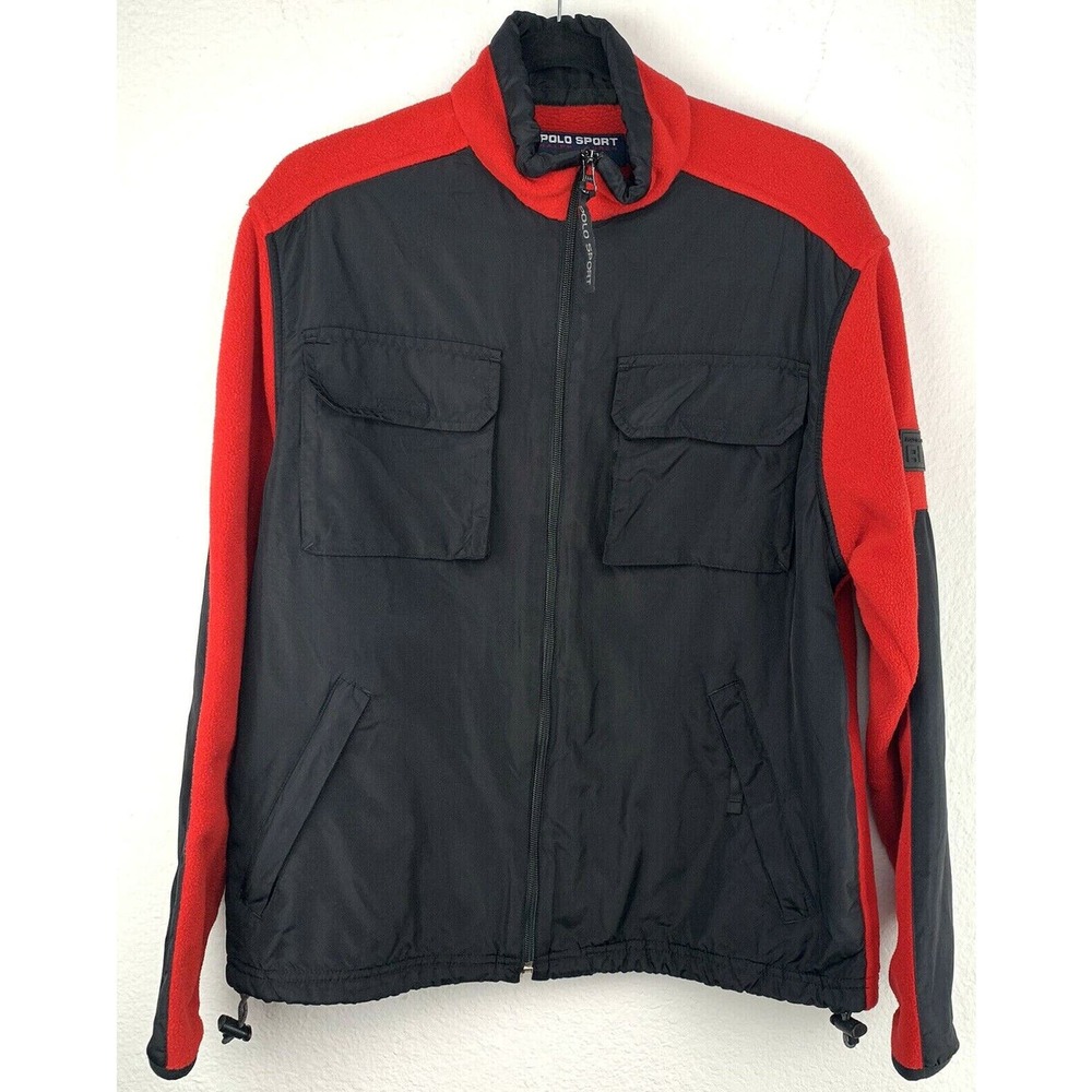 Vintage Ralph Lauren Polo Sport Red Fleece Zip Jacket Black Nylon Size Small S